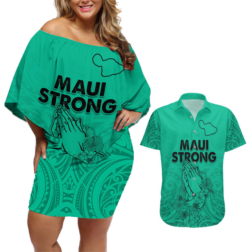 Hawaii Strong Maui Wildfire Couples Matching Off Shoulder Short Dress and Hawaiian Shirt No2 LT9 Green - Polynesian Pride