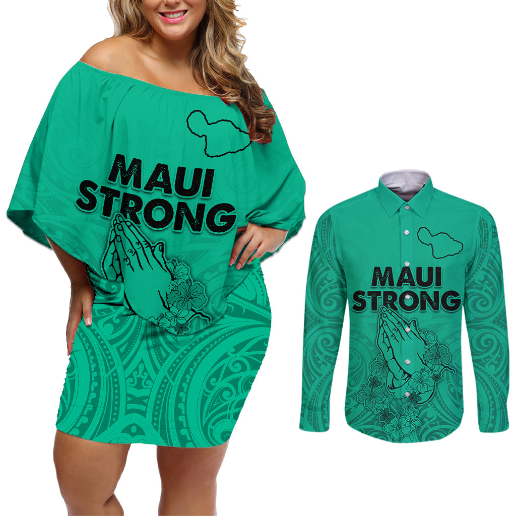 Hawaii Strong Maui Wildfire Couples Matching Off Shoulder Short Dress and Long Sleeve Button Shirts No2 LT9 Green - Polynesian Pride