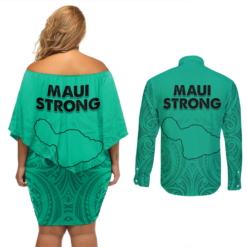 Hawaii Strong Maui Wildfire Couples Matching Off Shoulder Short Dress and Long Sleeve Button Shirts No2 LT9 - Polynesian Pride