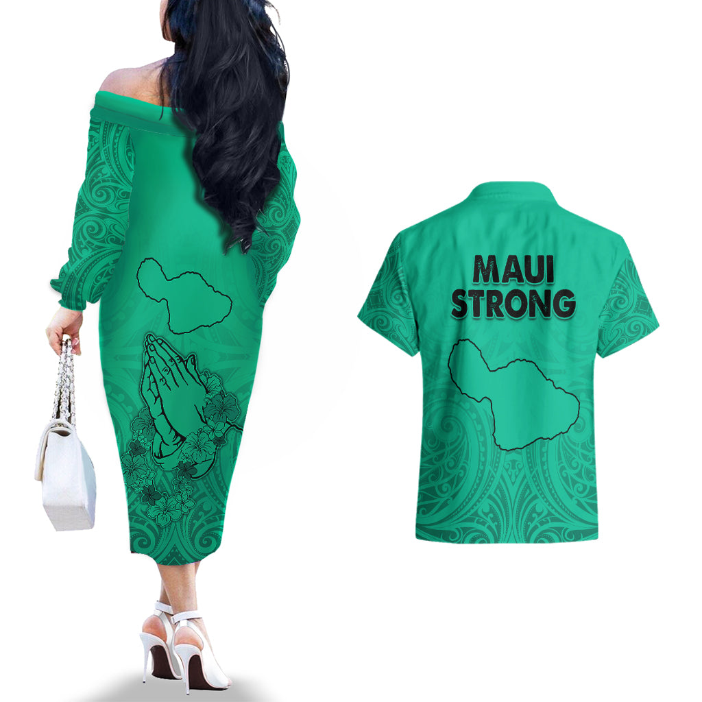 Hawaii Strong Maui Wildfire Couples Matching Off The Shoulder Long Sleeve Dress and Hawaiian Shirt No2 LT9 - Polynesian Pride