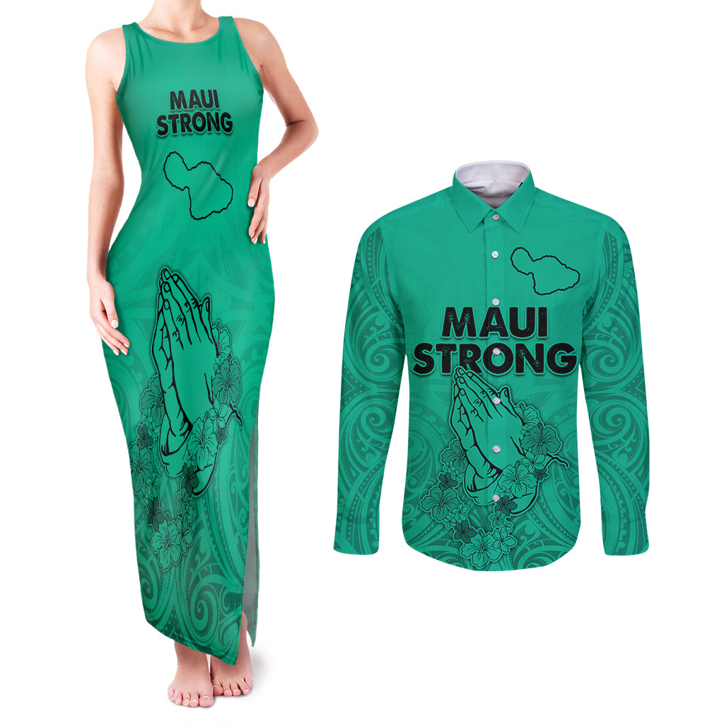 Hawaii Strong Maui Wildfire Couples Matching Tank Maxi Dress and Long Sleeve Button Shirts No2 LT9 Green - Polynesian Pride