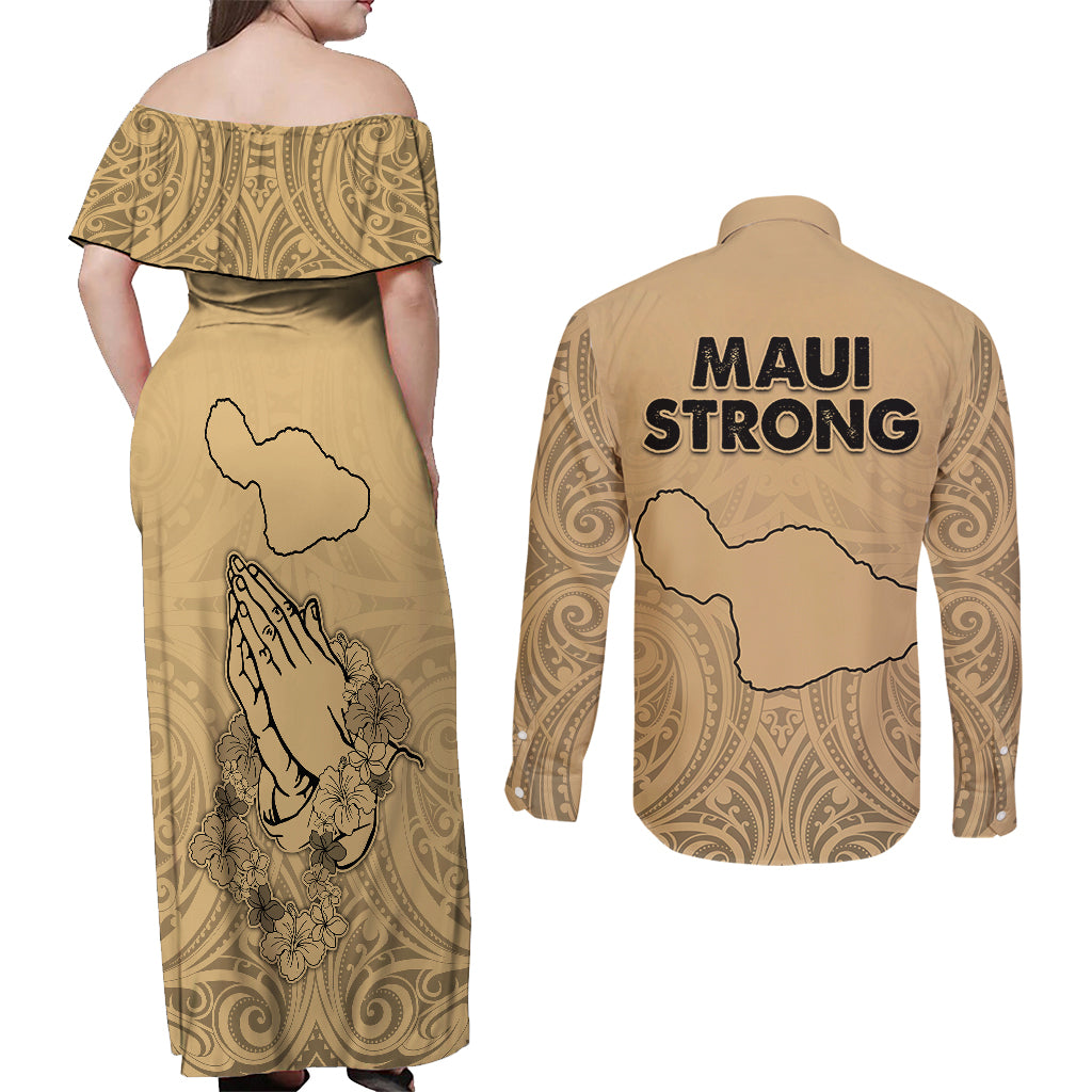 Hawaii Strong Maui Wildfire Couples Matching Off Shoulder Maxi Dress and Long Sleeve Button Shirts No3 LT9 - Polynesian Pride