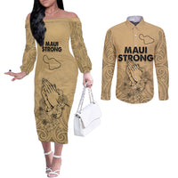 Hawaii Strong Maui Wildfire Couples Matching Off The Shoulder Long Sleeve Dress and Long Sleeve Button Shirts No3 LT9 Nude - Polynesian Pride