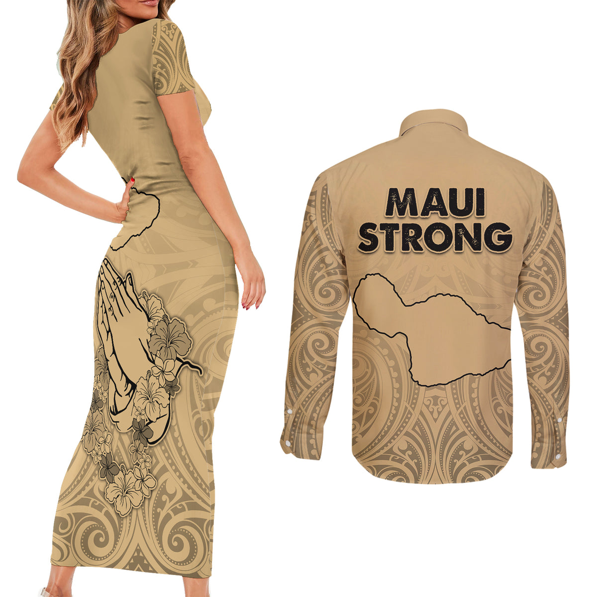 Hawaii Strong Maui Wildfire Couples Matching Short Sleeve Bodycon Dress and Long Sleeve Button Shirts No3 LT9 - Polynesian Pride