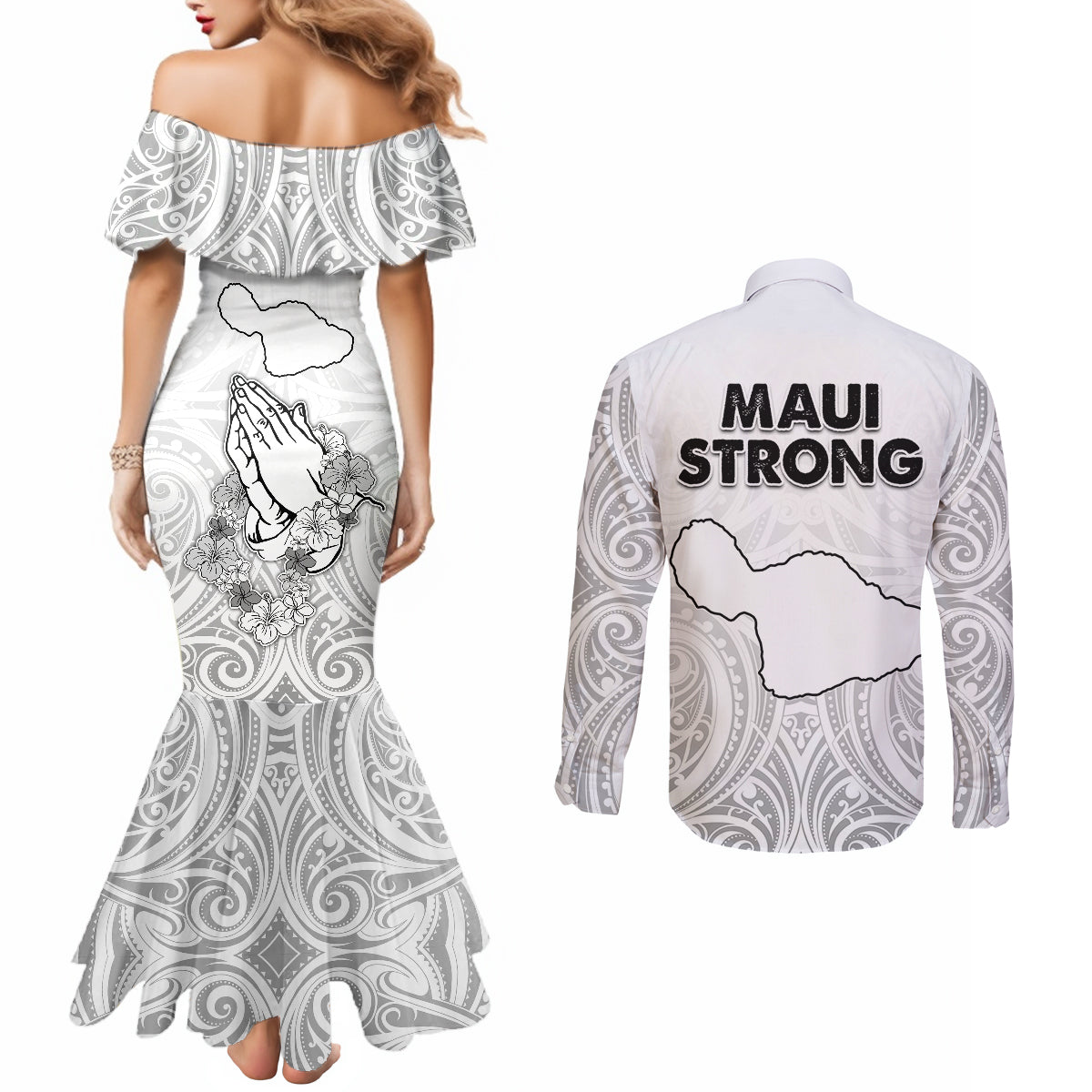 Hawaii Strong Maui Wildfire Couples Matching Mermaid Dress and Long Sleeve Button Shirts No4 LT9 - Polynesian Pride