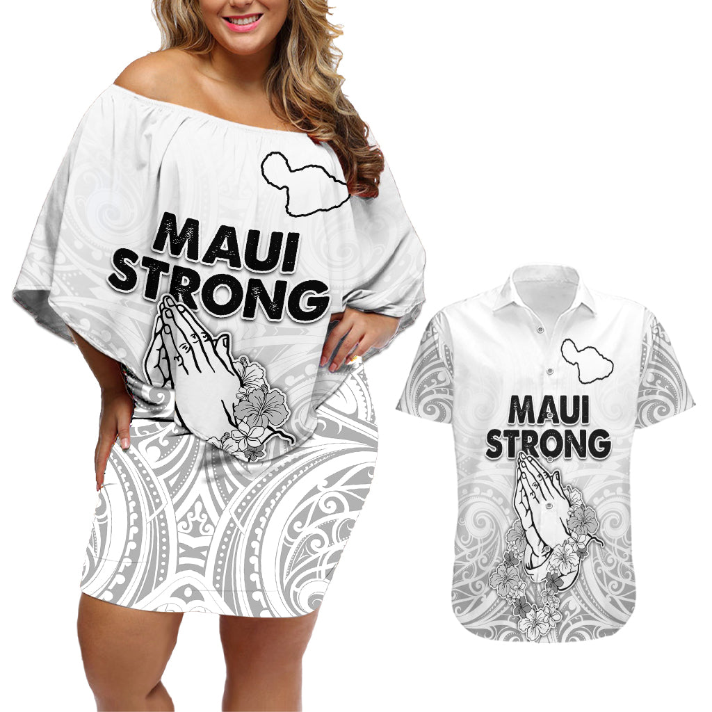 Hawaii Strong Maui Wildfire Couples Matching Off Shoulder Short Dress and Hawaiian Shirt No4 LT9 White - Polynesian Pride