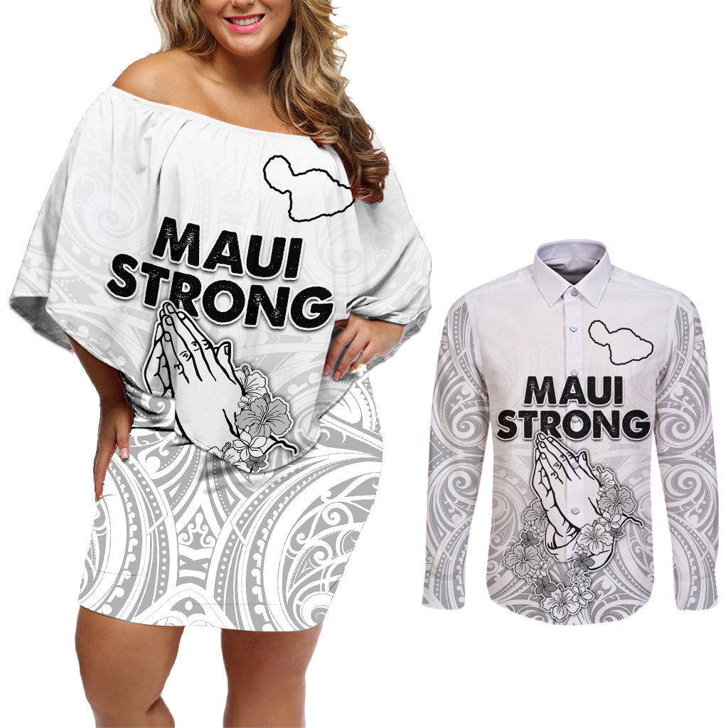 Hawaii Strong Maui Wildfire Couples Matching Off Shoulder Short Dress and Long Sleeve Button Shirts No4 LT9 White - Polynesian Pride