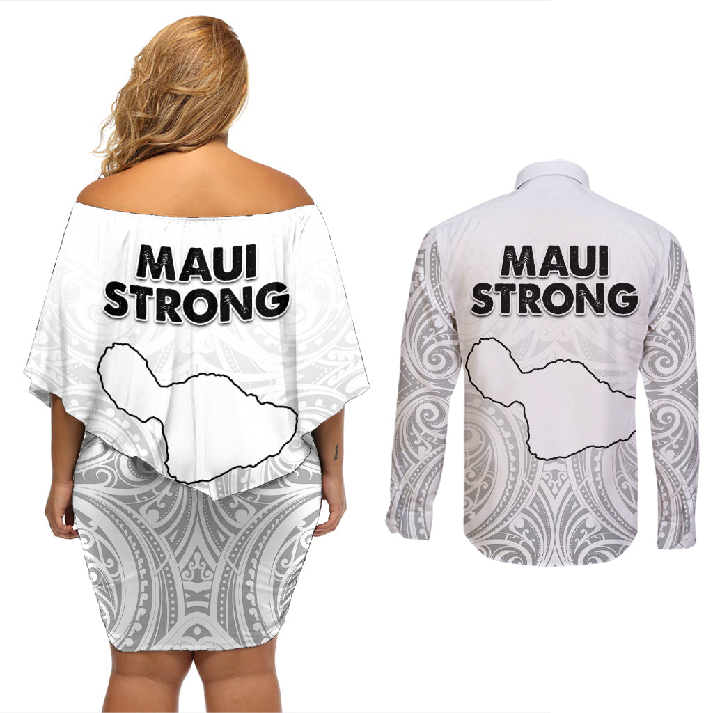 Hawaii Strong Maui Wildfire Couples Matching Off Shoulder Short Dress and Long Sleeve Button Shirts No4 LT9 - Polynesian Pride