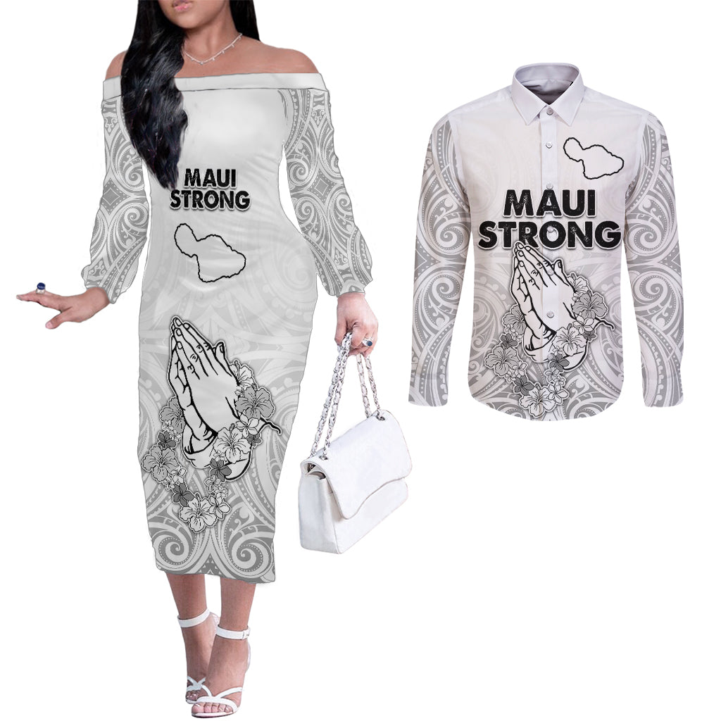 Hawaii Strong Maui Wildfire Couples Matching Off The Shoulder Long Sleeve Dress and Long Sleeve Button Shirts No4 LT9 White - Polynesian Pride