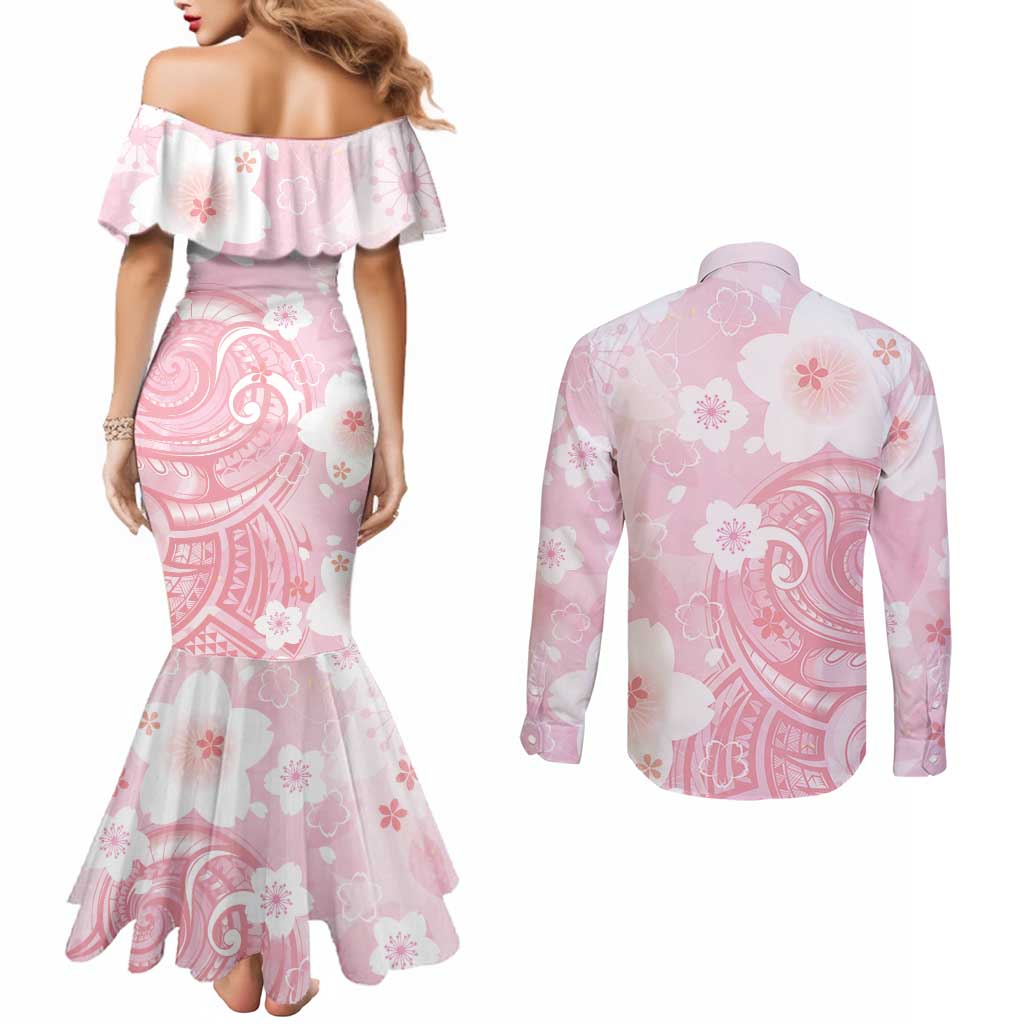 Japan Sakura Floral with Polynesian Vibe Couples Matching Mermaid Dress and Long Sleeve Button Shirt LT9 - Polynesian Pride