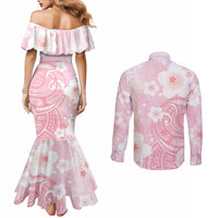Japan Sakura Floral with Polynesian Vibe Couples Matching Mermaid Dress and Long Sleeve Button Shirt LT9 - Polynesian Pride