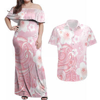 Japan Sakura Floral with Polynesian Vibe Couples Matching Off Shoulder Maxi Dress and Hawaiian Shirt LT9 Pink - Polynesian Pride