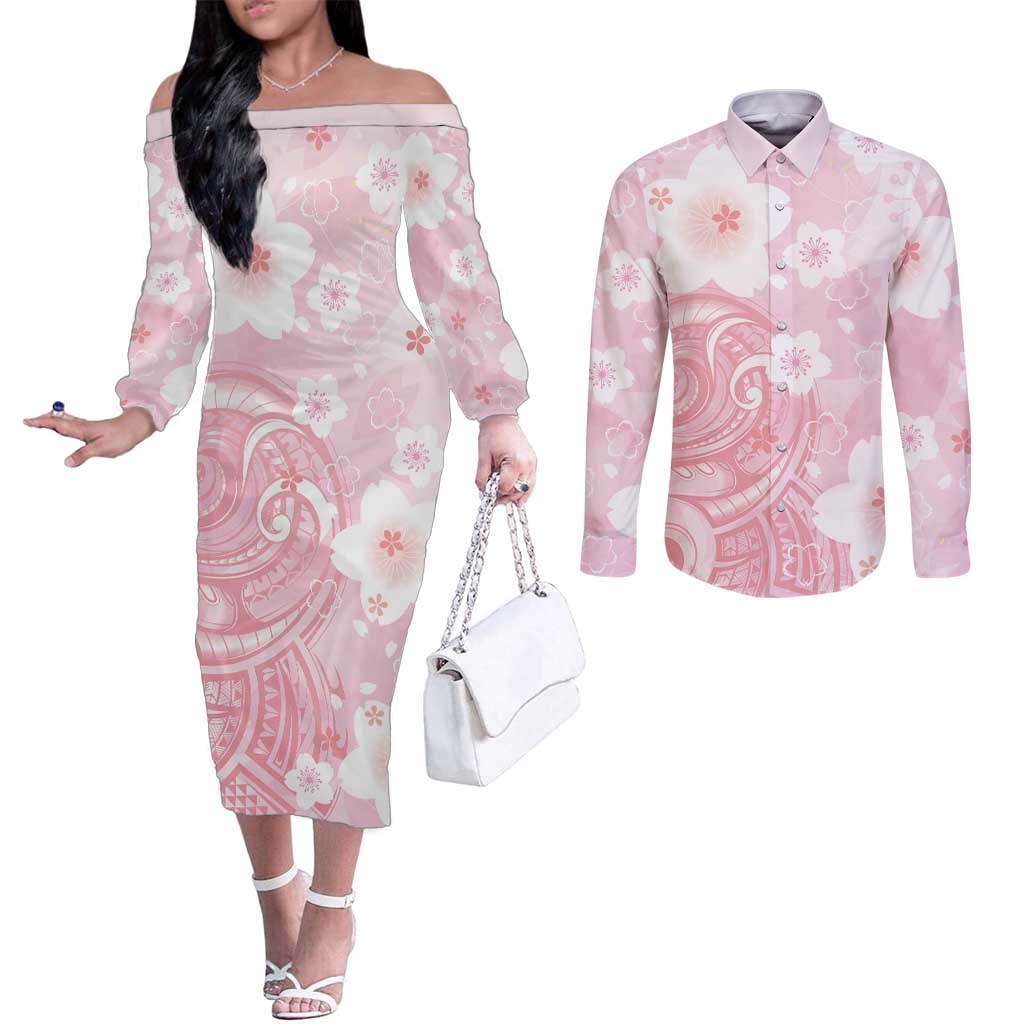 Japan Sakura Floral with Polynesian Vibe Couples Matching Off The Shoulder Long Sleeve Dress and Long Sleeve Button Shirt LT9 Pink - Polynesian Pride