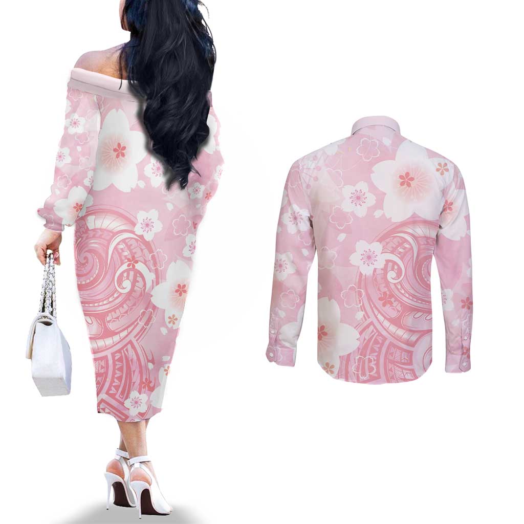 Japan Sakura Floral with Polynesian Vibe Couples Matching Off The Shoulder Long Sleeve Dress and Long Sleeve Button Shirt LT9 - Polynesian Pride