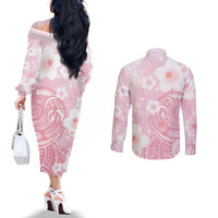 Japan Sakura Floral with Polynesian Vibe Couples Matching Off The Shoulder Long Sleeve Dress and Long Sleeve Button Shirt LT9 - Polynesian Pride