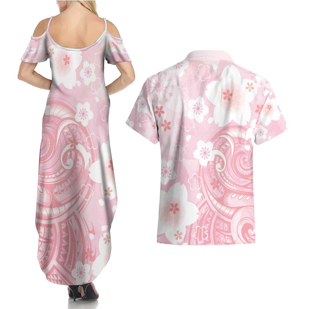 Japan Sakura Floral with Polynesian Vibe Couples Matching Summer Maxi Dress and Hawaiian Shirt LT9 - Polynesian Pride