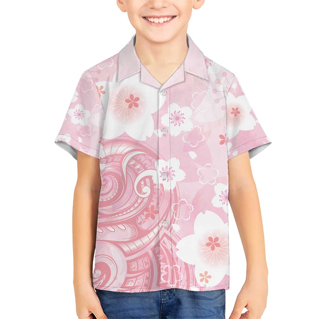 Japan Sakura Floral with Polynesian Vibe Family Matching Short Sleeve Bodycon Dress and Hawaiian Shirt