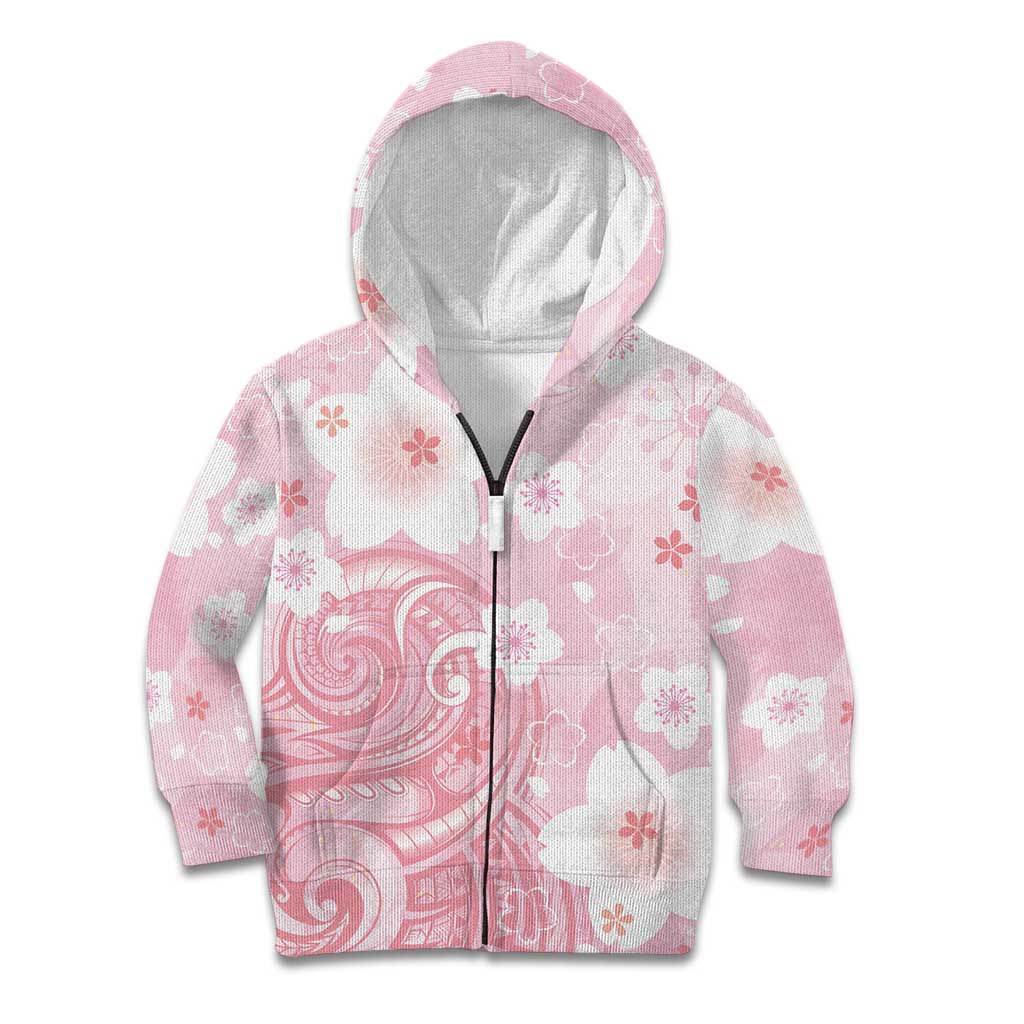 Japan Sakura Floral with Polynesian Vibe Kid Hoodie LT9 Zip Hoodie Pink - Polynesian Pride