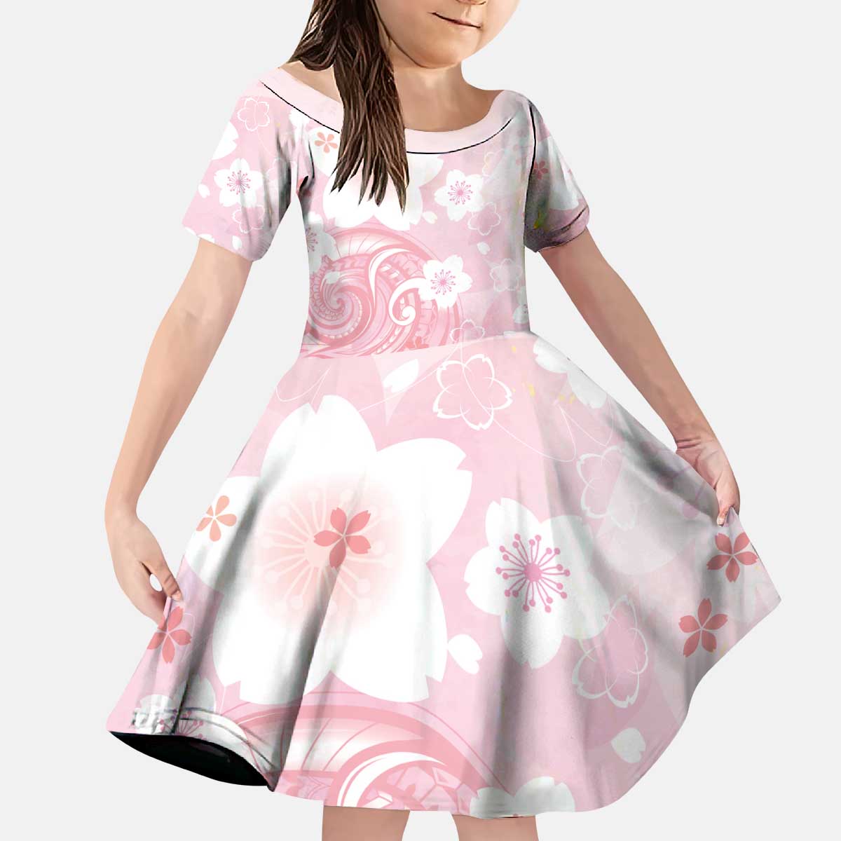 Japan Sakura Floral with Polynesian Vibe Kid Short Sleeve Dress LT9 KID Pink - Polynesian Pride