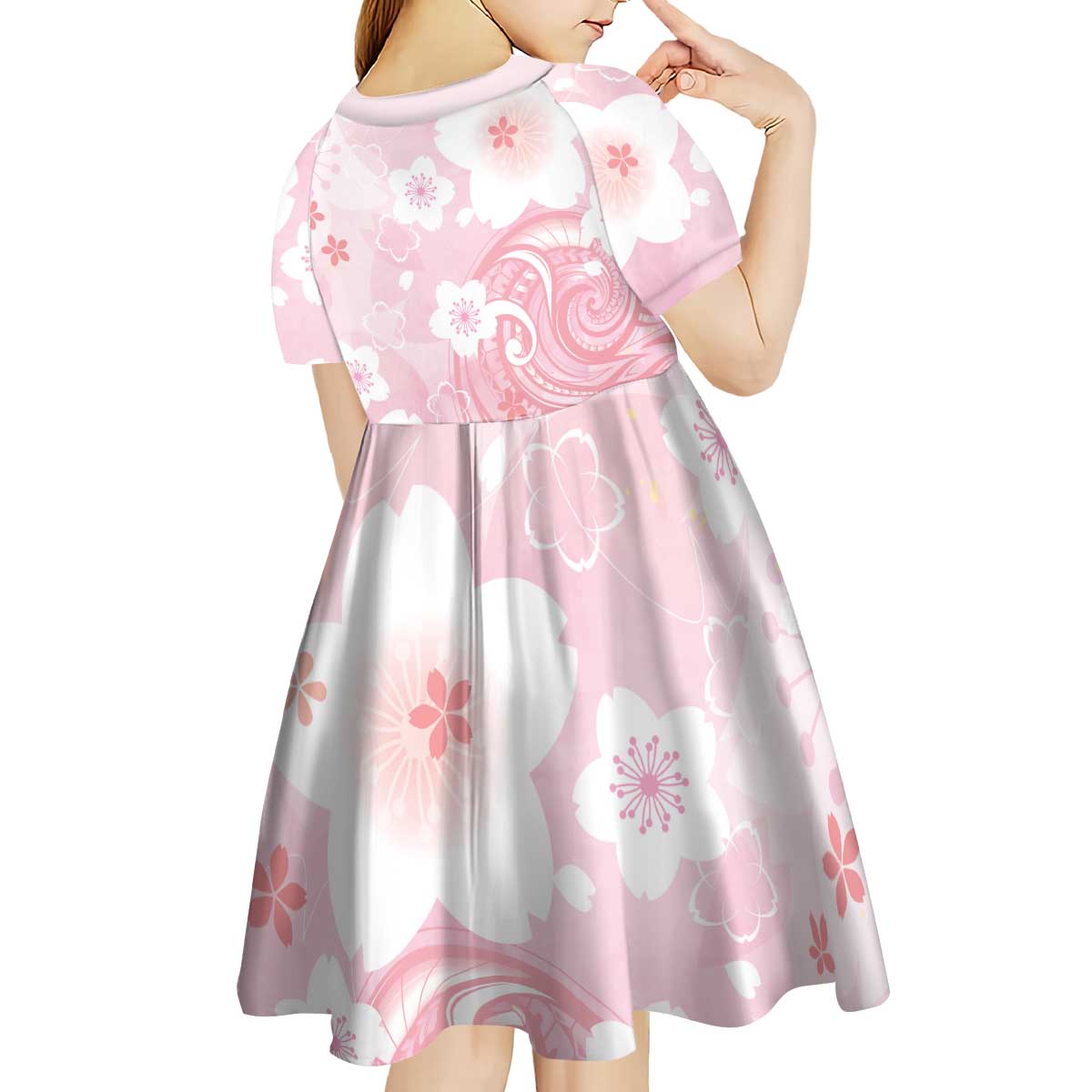 Japan Sakura Floral with Polynesian Vibe Kid Short Sleeve Dress LT9 - Polynesian Pride