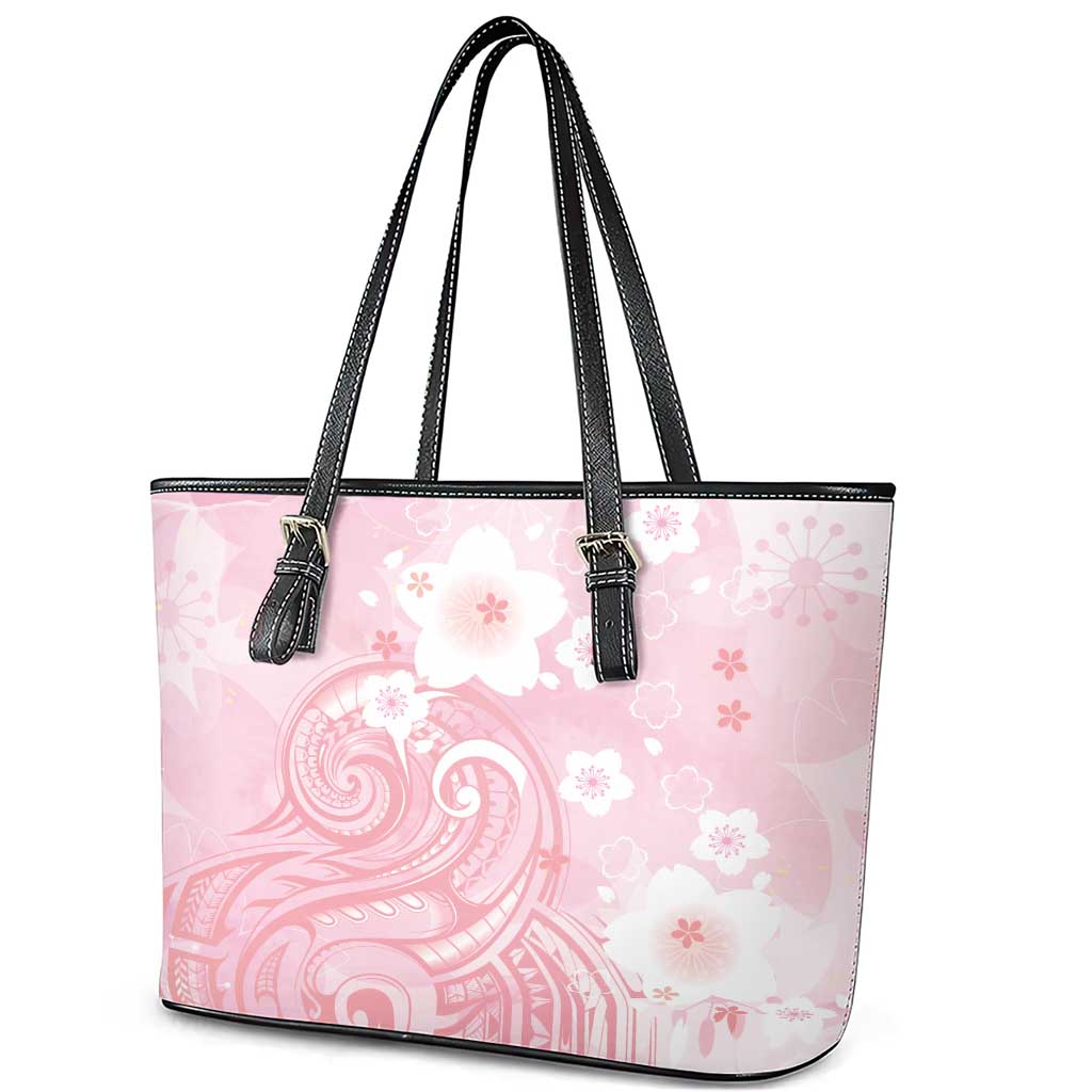 Japan Sakura Floral with Polynesian Vibe Leather Tote Bag
