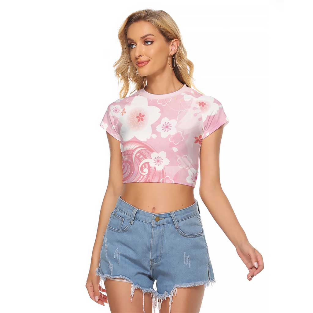 Japan Sakura Floral with Polynesian Vibe Raglan Cropped T Shirt LT9 Female Pink - Polynesian Pride