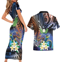 Marshall Islands Kwajalein Atoll Couples Matching Short Sleeve Bodycon Dress and Hawaiian Shirt Plumeria Sea Turtle with Polynesian Tribal