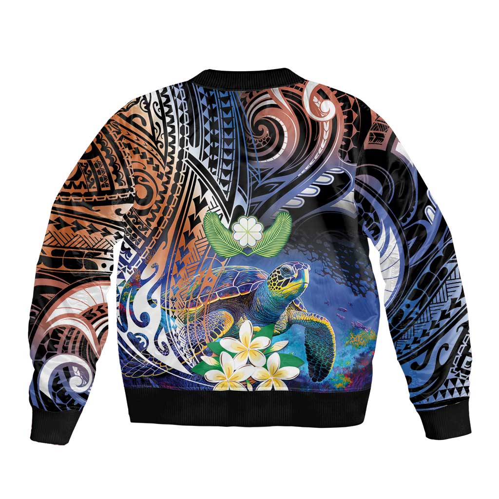Marshall Islands Kwajalein Atoll Sleeve Zip Bomber Jacket Plumeria Sea Turtle with Polynesian Tribal