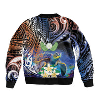 Marshall Islands Kwajalein Atoll Sleeve Zip Bomber Jacket Plumeria Sea Turtle with Polynesian Tribal