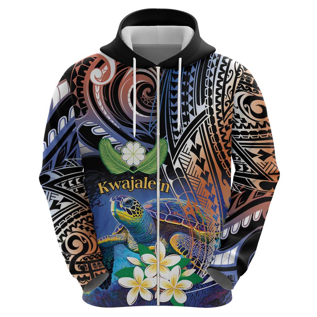 Marshall Islands Kwajalein Atoll Zip Hoodie Plumeria Sea Turtle with Polynesian Tribal