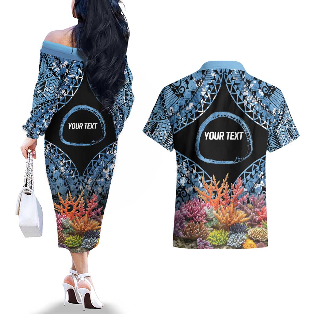 Personalised Nukuoro Micronesia Atoll Couples Matching Off The Shoulder Long Sleeve Dress and Hawaiian Shirt with Pacific Coral Reef