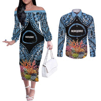 Personalised Nukuoro Micronesia Atoll Couples Matching Off The Shoulder Long Sleeve Dress and Long Sleeve Button Shirt with Pacific Coral Reef LT9 Blue - Polynesian Pride