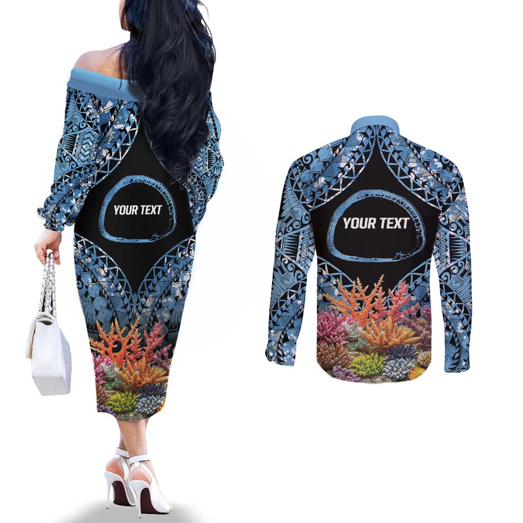 Personalised Nukuoro Micronesia Atoll Couples Matching Off The Shoulder Long Sleeve Dress and Long Sleeve Button Shirt with Pacific Coral Reef LT9 - Polynesian Pride