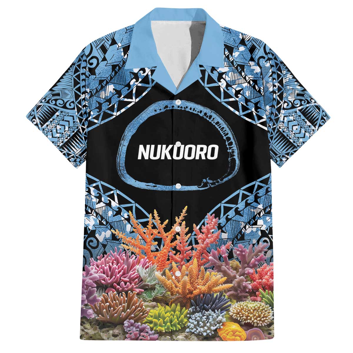 Personalised Nukuoro Micronesia Atoll Family Matching Off The Shoulder Long Sleeve Dress and Hawaiian Shirt with Pacific Coral Reef
