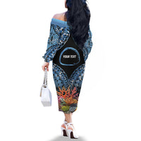 Personalised Nukuoro Micronesia Atoll Family Matching Off The Shoulder Long Sleeve Dress and Hawaiian Shirt with Pacific Coral Reef
