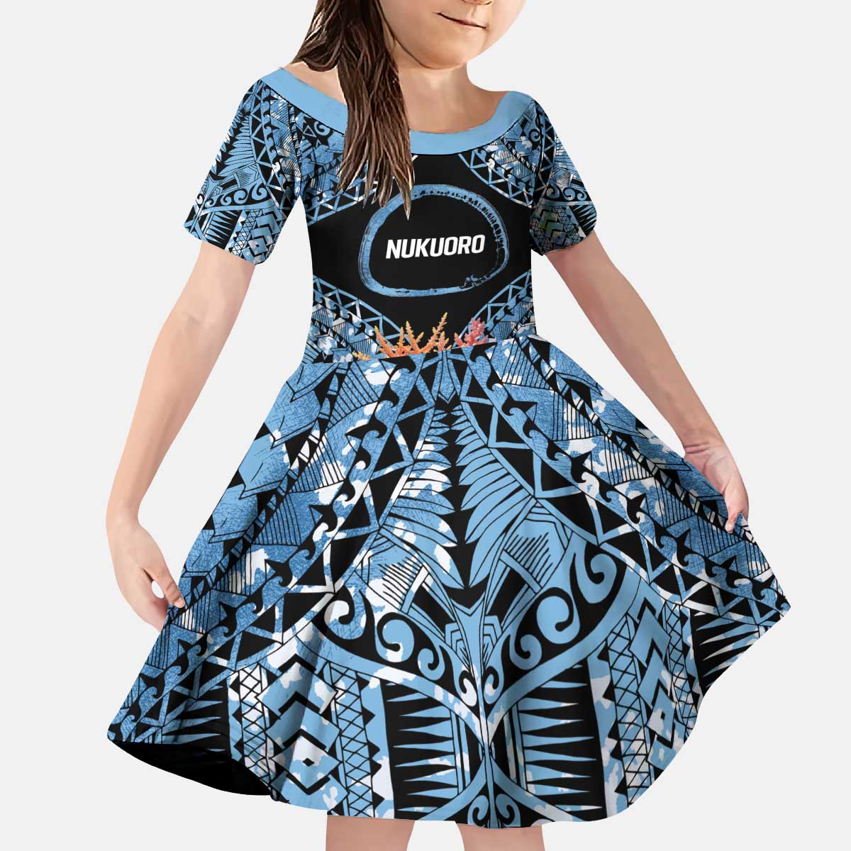 Personalised Nukuoro Micronesia Atoll Kid Short Sleeve Dress with Pacific Coral Reef LT9 KID Blue - Polynesian Pride