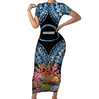 Personalised Nukuoro Micronesia Atoll Short Sleeve Bodycon Dress with Pacific Coral Reef LT9 Long Dress Blue - Polynesian Pride