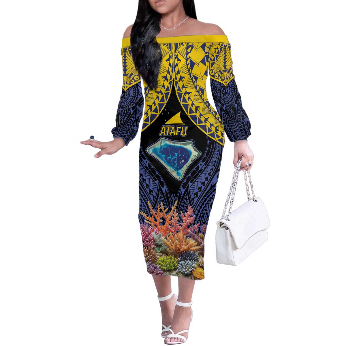 Tokelau Atafu Atoll Personalised Family Matching Off The Shoulder Long Sleeve Dress and Hawaiian Shirt Pacific Coral Reef Vibe