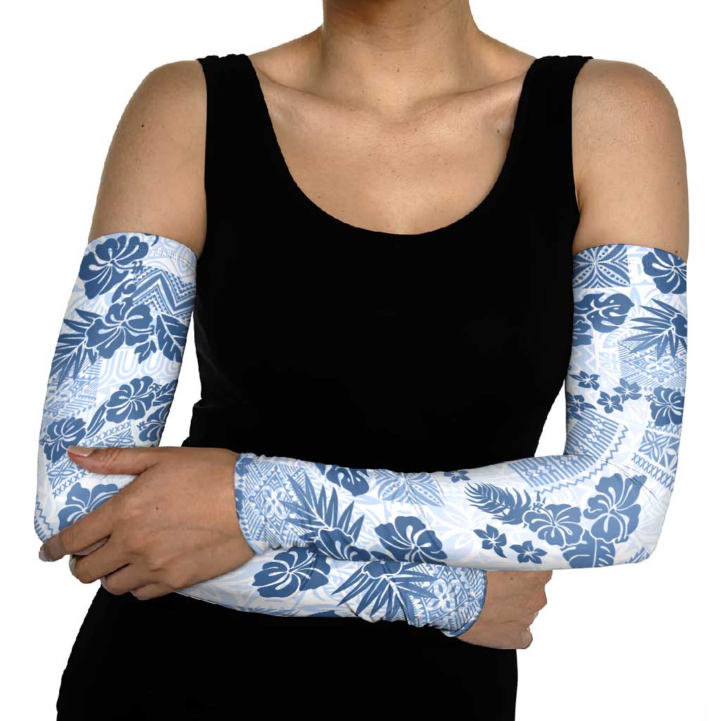 Vintage Hawaii Arm Sleeves Hibiscus Tapa Tribal With Hawaiian Quilt Pattern Blue - Polynesian Pride