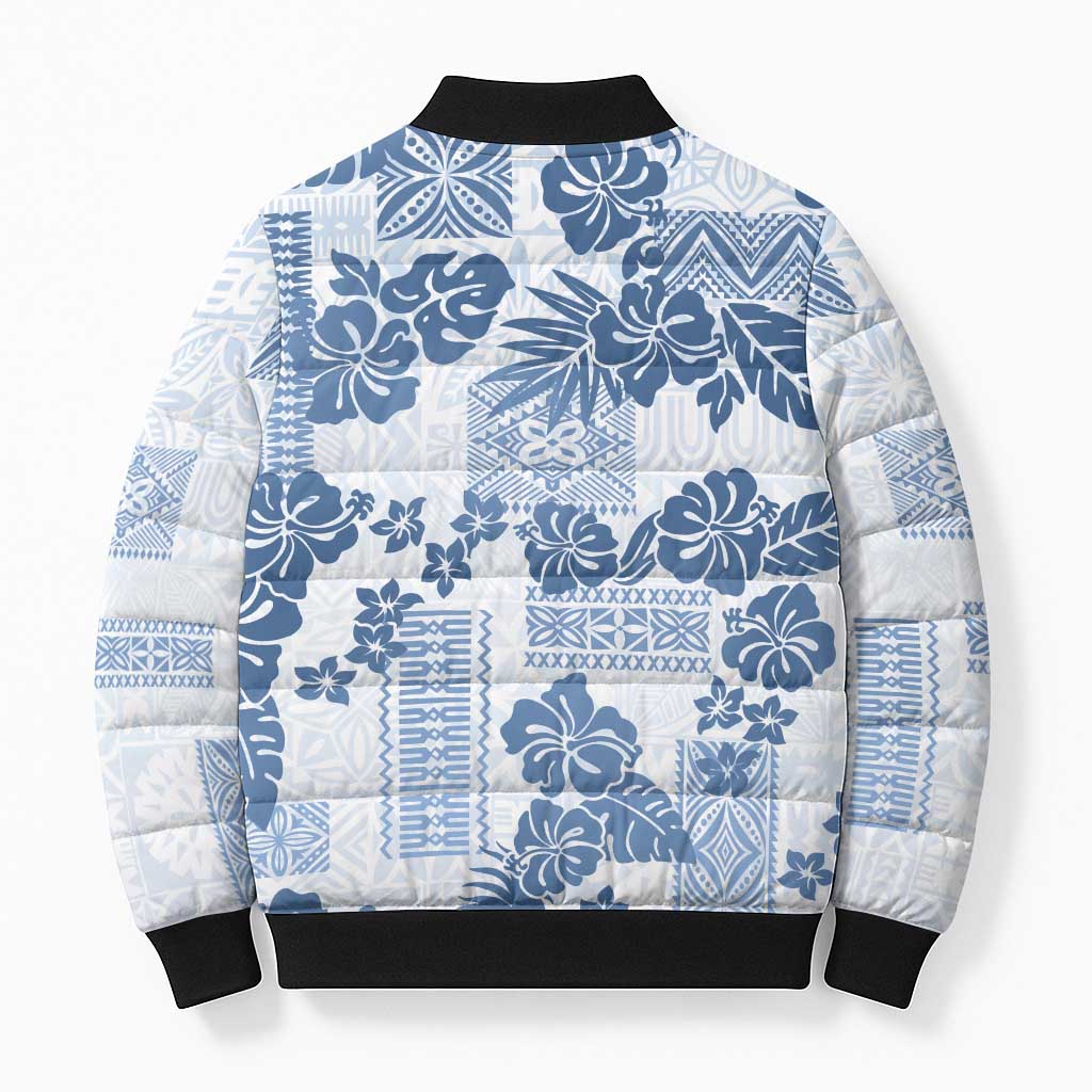 Vintage Hawaii Bomber Puffer Jacket Hibiscus Tapa Tribal With Hawaiian Quilt Pattern Blue - Polynesian Pride