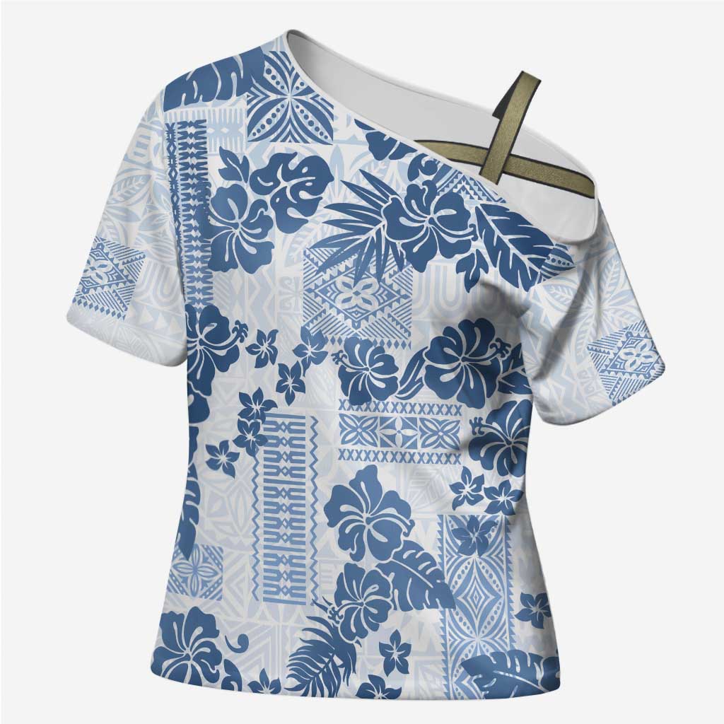 Vintage Hawaii Cross Shoulder Shirt Hibiscus Tapa Tribal With Hawaiian Quilt Pattern Blue - Polynesian Pride