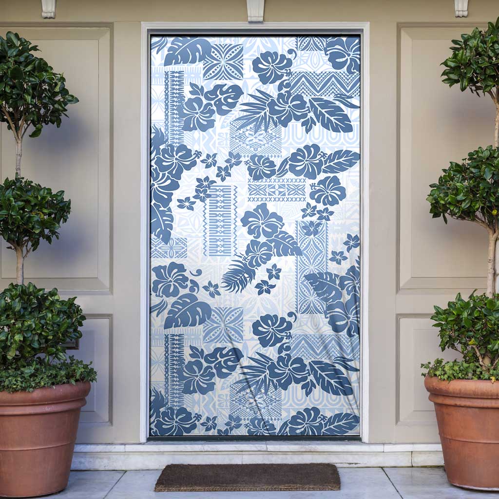 Vintage Hawaii Door Cover Hibiscus Tapa Tribal With Hawaiian Quilt Pattern Blue - Polynesian Pride