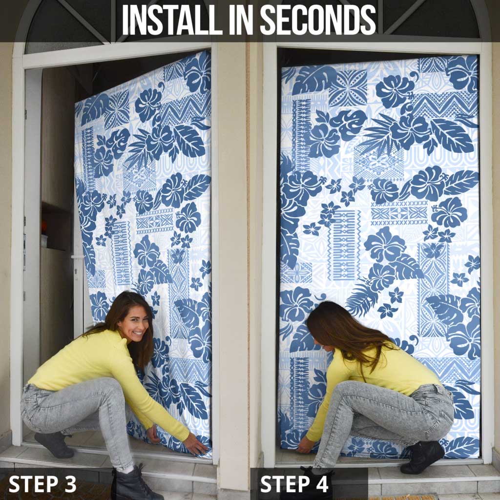 Vintage Hawaii Door Cover Hibiscus Tapa Tribal With Hawaiian Quilt Pattern Blue - Polynesian Pride