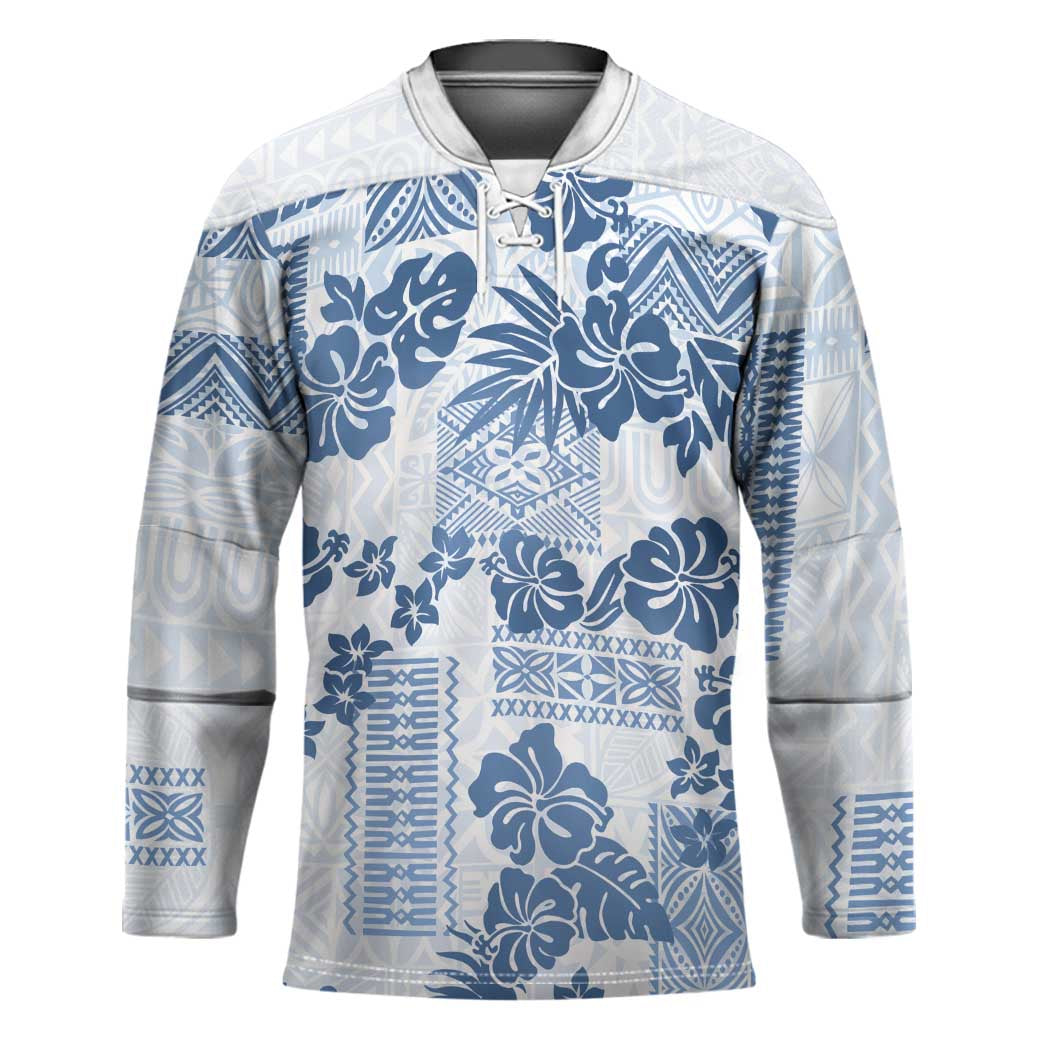 Vintage Hawaii Hockey Jersey Hibiscus Tapa Tribal With Hawaiian Quilt Pattern Blue - Polynesian Pride