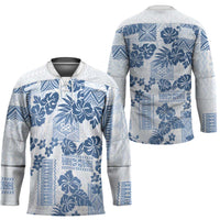 Vintage Hawaii Hockey Jersey Hibiscus Tapa Tribal With Hawaiian Quilt Pattern Blue - Polynesian Pride