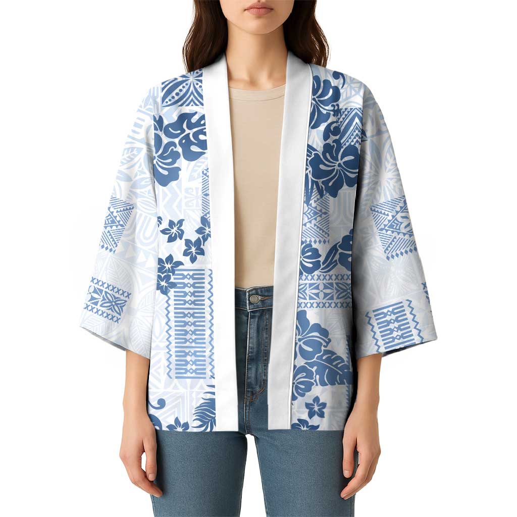 Vintage Hawaii Kimono Hibiscus Tapa Tribal With Hawaiian Quilt Pattern Blue - Polynesian Pride