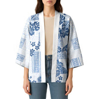 Vintage Hawaii Kimono Hibiscus Tapa Tribal With Hawaiian Quilt Pattern Blue - Polynesian Pride
