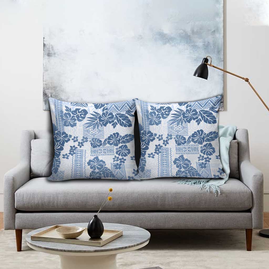 Vintage Hawaii Pillow Cover Hibiscus Tapa Tribal With Hawaiian Quilt Pattern Blue - Polynesian Pride