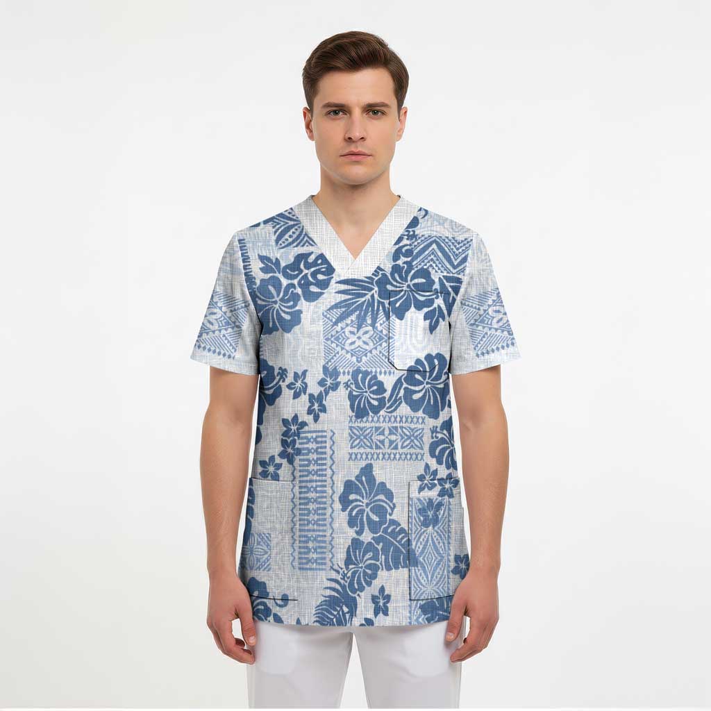 Vintage Hawaii Scrub Top Hibiscus Tapa Tribal With Hawaiian Quilt Pattern Blue - Polynesian Pride