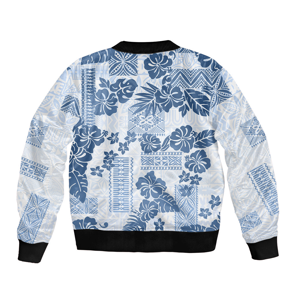 Vintage Hawaii Sleeve Zip Bomber Jacket Hibiscus Tapa Tribal With Hawaiian Quilt Pattern Blue LT9 - Polynesian Pride